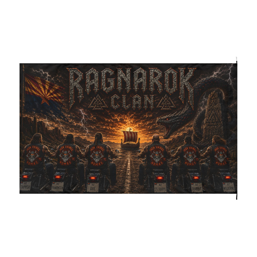 Ragnarok Clan Double-Sided Flag – Viking Longship & Motorcycle Brotherhood Banner