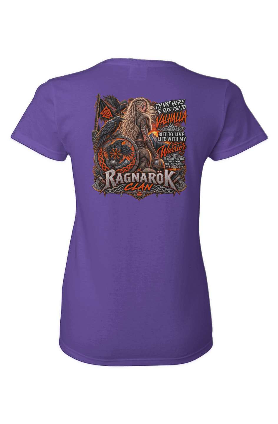 Back of the purple Ragnarök Shield Maiden Warrior’s Journey Women’s Tee