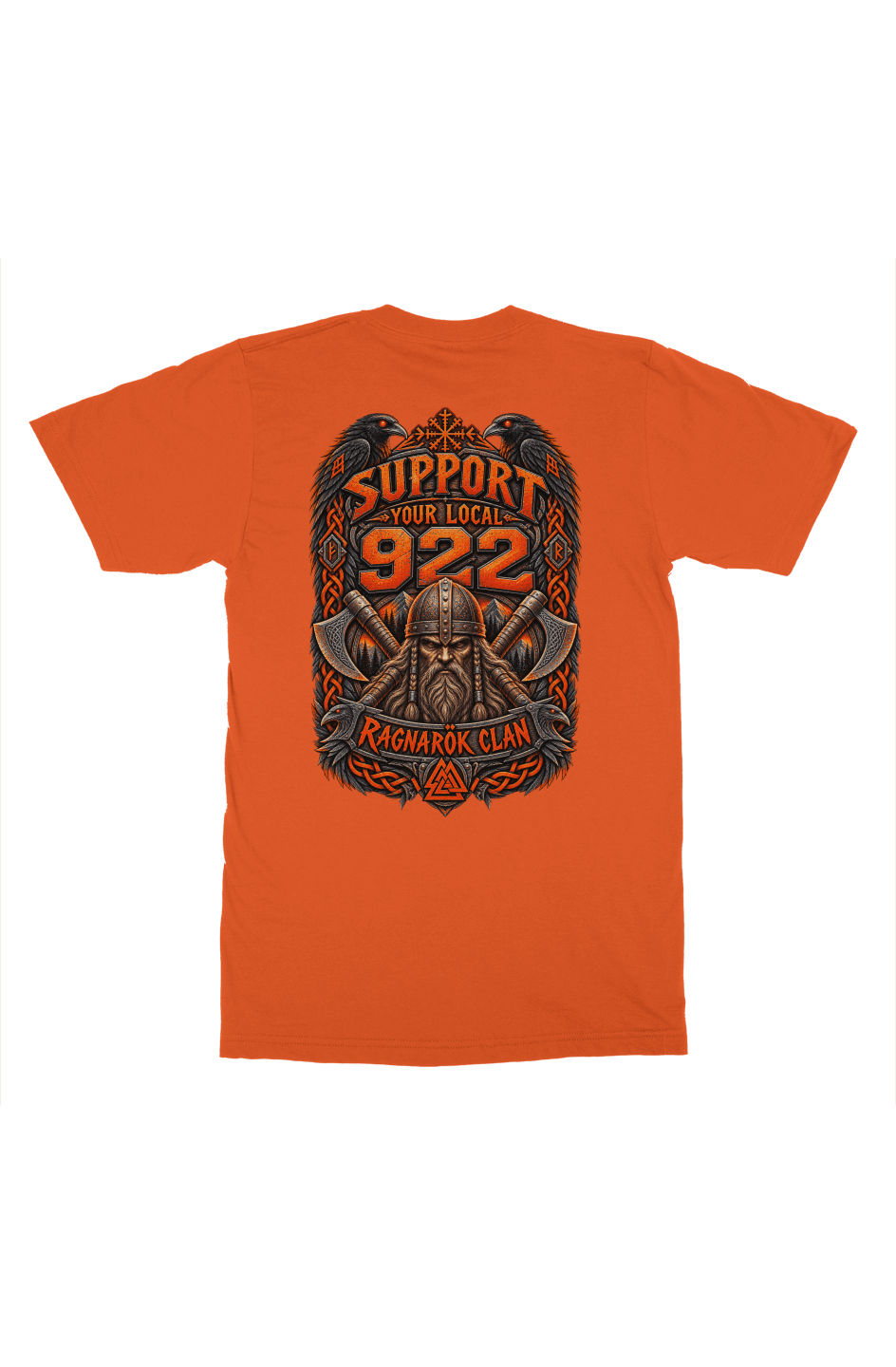 Back of the orange Support Your Local 922 Ragnarok Clan Viking Tee