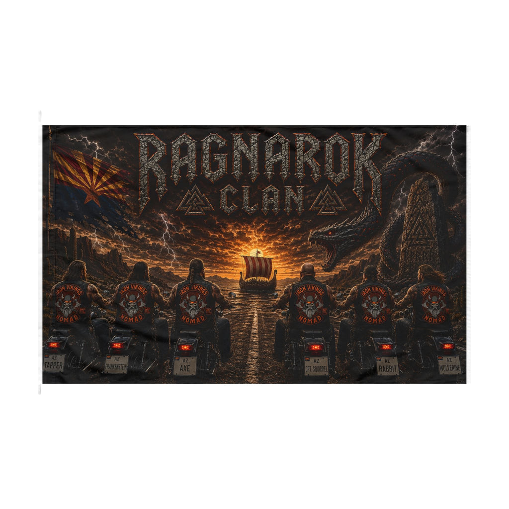 Ragnarok Clan Double-Sided Flag – Viking Longship & Motorcycle Brotherhood Banner