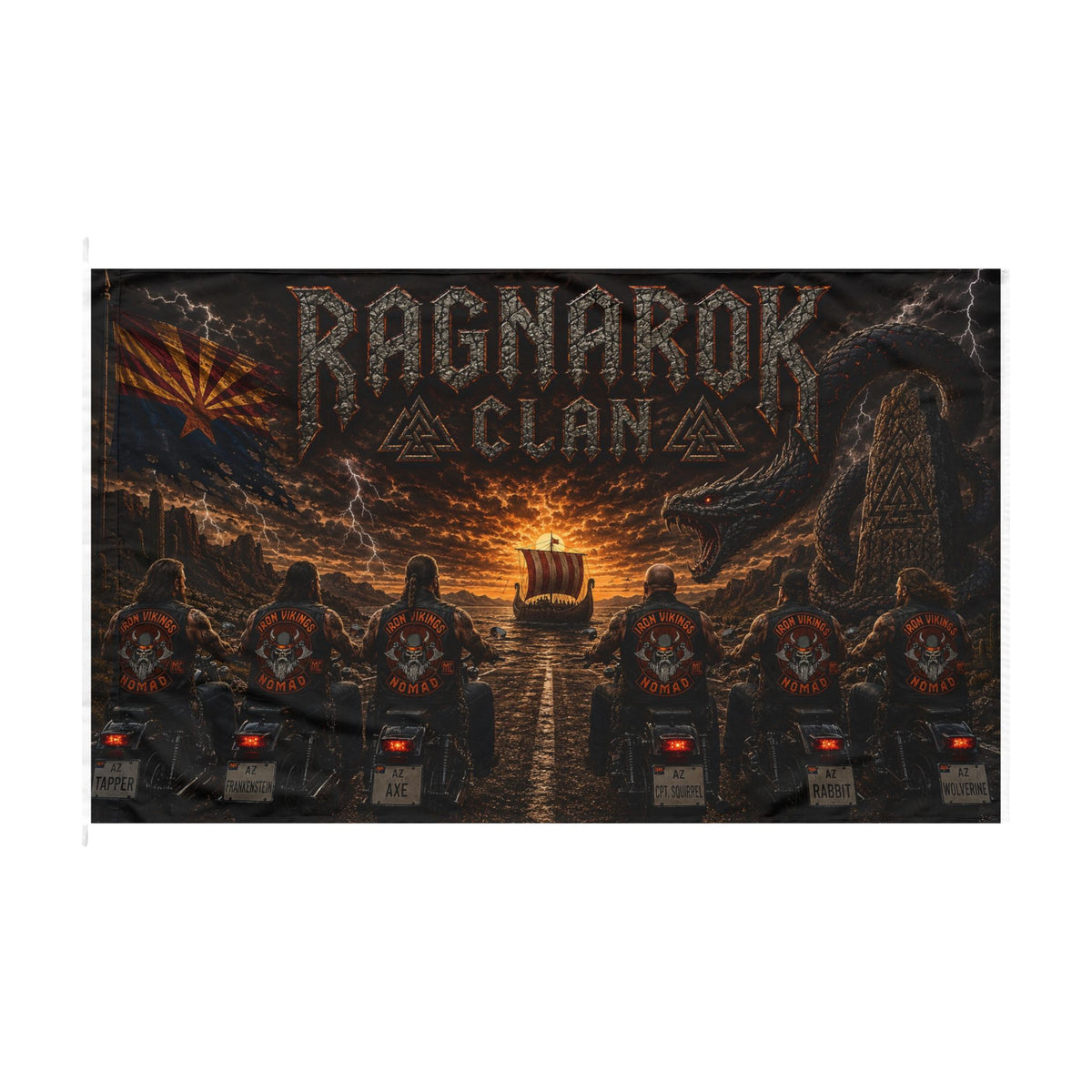 Ragnarok Clan Double-Sided Flag – Viking Longship & Motorcycle Brotherhood Banner